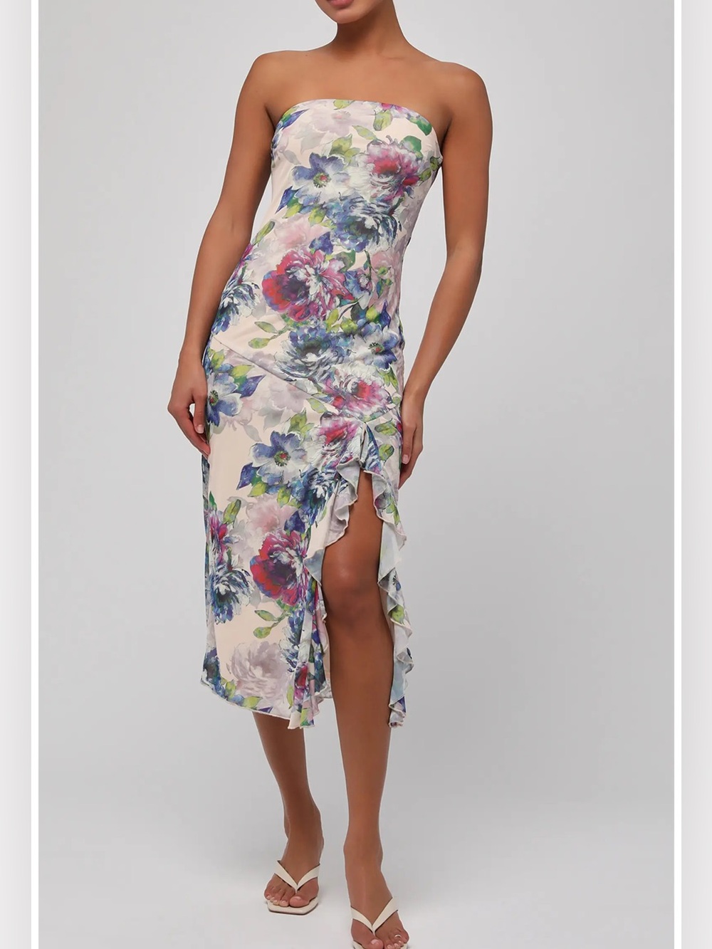 Lulus Strapless Floral Ruffle Midi Dress in Cream and Pink